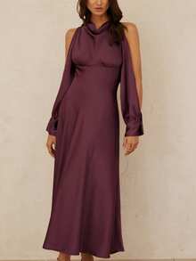 BELROSIE Elegant Party Satin Halter Backless Mini Dress - Purple - View 3