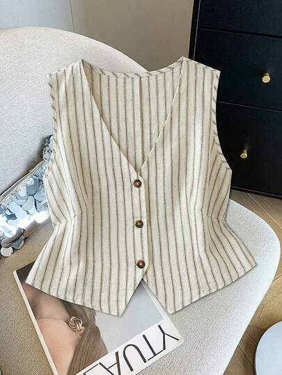 Zelara Plus Size Women Striped V-Neck Single-Breasted Vest Shirt Casual Outfit For Women Casual Blouse For Women Vacation Outfits Women Beach Vacation Outfits For Women Holiday Outfits Beach Outfits For Women Easter Spring Outfit Women Spring Outfit Women Summer Outfits, Going Out Tops