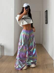 Coolane Women's Summer Streetwear Going Out Music Festival Outfits Fashionable Drawstring High Waist Wide Leg Cargo Pants With Holographic Effect Festival Bottoms Y2k Holographic Pants Iridescent Pants Wide Leg Pants Rave Pants - Purple - View 6