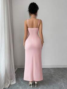 Elenzga Nuevo vestido elegante y sexy para mujeres con diseño de cuentas, tirantes finos, textura de punto y fruncido, con abertura, para citas y uso casual - Rosa - Ver 2