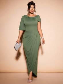 Cravure Vestido mini ajustado de manga corta asimétrico de hombro para mujer de talla grande, elegante y de punto, color verde del ejército - Verde militar - Ver 6