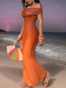 SHEIN LUNE 女士时尚露肩扎染紧身连衣裙，收腰设计，性感迷人，适合旅行、假日派对、日常穿着，春夏皆宜 - 彩色 - 查看 3