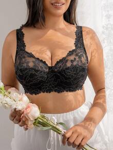 DesireSculpt 1pc Women Plus Size Black Floral Lace Mesh Patchwork Underwire Bra, Summer Soft Cup Pushup Bra With Breathable Foam For Lift Up Support - Black - View 5
