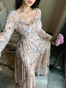 DAZY 女士方领收腰A字碎花优雅连衣裙 - 彩色 - 查看 5