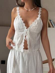 DAZY 女士夏季纹理面料蕾丝拼接系带休闲度假风吊带衫 - 白色 - 查看 3