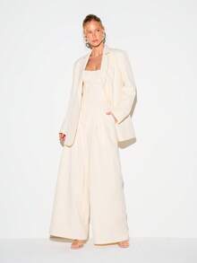 KIZN 女士低腰阔腿修身西装裤 米色阔腿裤 正式办公裤 飘逸商务职业裤装 - 黃色 - 查看 3