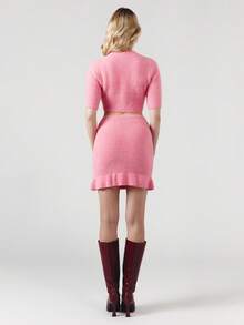 OverBlushhh Women's Pink Plush Knit Top With Heart Cut Out Slim Fit Short Sleeve Cute Girly Date, Everyday Wear, Birthday, Spring - Pink - View 8