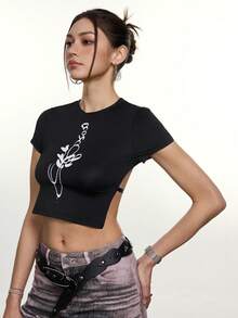 Rina Fox Women's Letter Print Short Sleeve Cropped Side Slit Top - Black - View 5