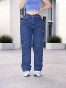 Jeans With High Waist Side Pockets Straight Cut - Blue Sweep - View 4