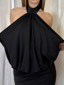 Aless PB Vestido mini ajustado con cuello alto, espalda descubierta y volantes de GloRilla para fiesta - Negro - Ver 3