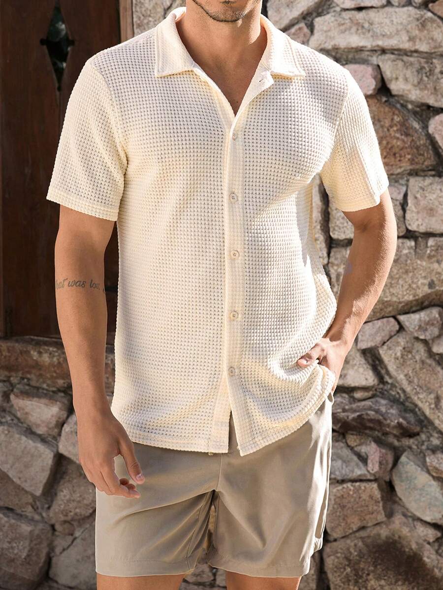 VIVINTIMO 男士夏季网眼透气短袖衬衫和抽绳腰短裤套装,舒适服装 - 杏色 - 查看 1