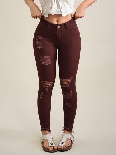 SHEIN Tall 休闲纯色做旧修身低腰牛仔裤