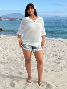 SHEIN EZwear 大码休闲纯色镂空针织毛衣 - 白色 - 查看 6