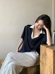 DAZY 女士翻领撞色短袖衬衫 夏季 - 藍色 - 查看 6