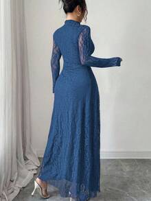 Modelyn Gaun Wanita Model French Style dengan Kerah Tinggi dan Renda serta Pinggang yang Diikat - Navy Blue - View 2