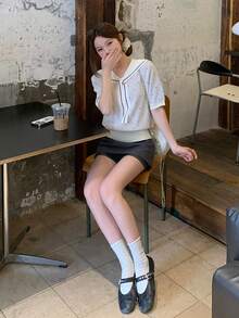 DAZY 女士撞色爱心系带短袖针织上衣，甜美风格，夏季百搭 - 杏色 - 查看 3