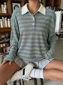 Muchica Water Duck Blue Striped Knit Casual Women Long Sleeve T-Shirt - Teal Blue - View 5