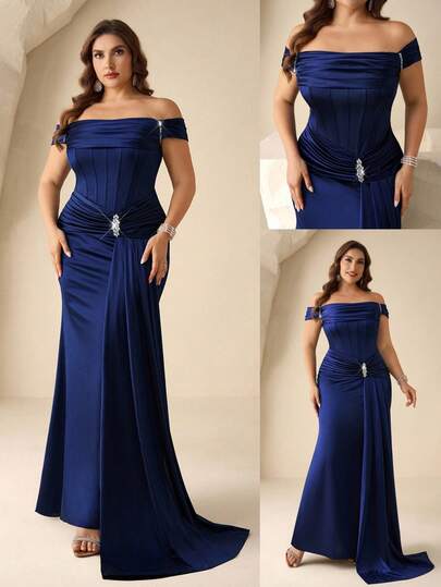 Coutiva Vestido de noche formal elegante con hombros descubiertos para mujer de talla grande