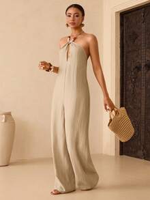 Vesra Bộ áo liền quần nữ màu trơn cổ yếm không tay dáng rộng - Màu be - Xem 3