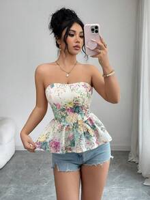 Elenzga 女士无肩带公主线收腰数码印花仿亚麻镂空刺绣精致设计A字优雅度假性感百搭扎染花卉彩色露脐上衣，女士衬衫 - 彩色 - 查看 7