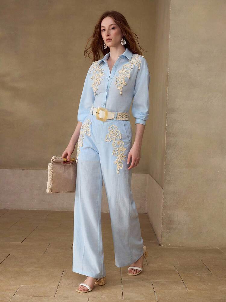 WOMEN'S BLUE & WHITE FAUX LINEN SUMMER VACATION EMBROIDERED DRAWSTRING PANTS