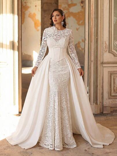 Aureia Plus Size Elegant Luxurious Pearl Beaded Lace Patchwork Elastic Knit Mermaid Maxi Dress, Round Neck Long Sleeve Sheer 3D Floral Decor Trailing Dress, Suitable For Wedding, Party, Holiday, Bridal