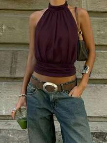 Aloruh 紫色雪纺无袖衬衫，优雅的纯色办公室衬衫，无袖上衣，适合复活节、狂欢节、商务休闲女性、办公室穿着、外出、教师等场合，优雅百搭。 - 紫色 - 查看 2