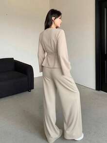 DAZY 女士纯色裹身系带长袖外套和阔腿裤套装 - 杏色 - 查看 8