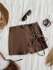 Soleia 女士系带设计时尚百搭约会外出牛仔短裙 - 棕色 - 查看 1