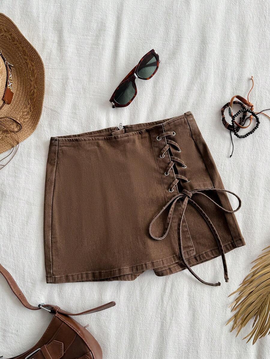 Soleia 女士系带设计时尚百搭约会外出牛仔短裙 - 棕色 - 查看 1