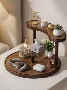 Vintage Solid Wood Vanity Skincare Storage Rack Multi-Tier Lipstick Perfume Cosmetics Organizer Suitable For Dining Table Countertops Teacups, Water Glasses, Coffee Mugs & Tea Sets Storage Home Double-Tier Shelf,Makeup Bag,Travel Essential - Walnut - View 1