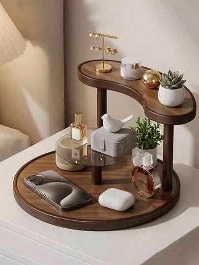 Étagère de rangement en bois massif vintage pour produits de soins de la peau. Organisateur multi-niveaux pour rouge à lèvres, parfum et cosmétiques. Convient pour la table à manger, les comptoirs, les tasses à thé, les verres à eau, les tasses à café et les services à thé. Étagère à deux niveaux, sac de maquillage, essentiels de voyage