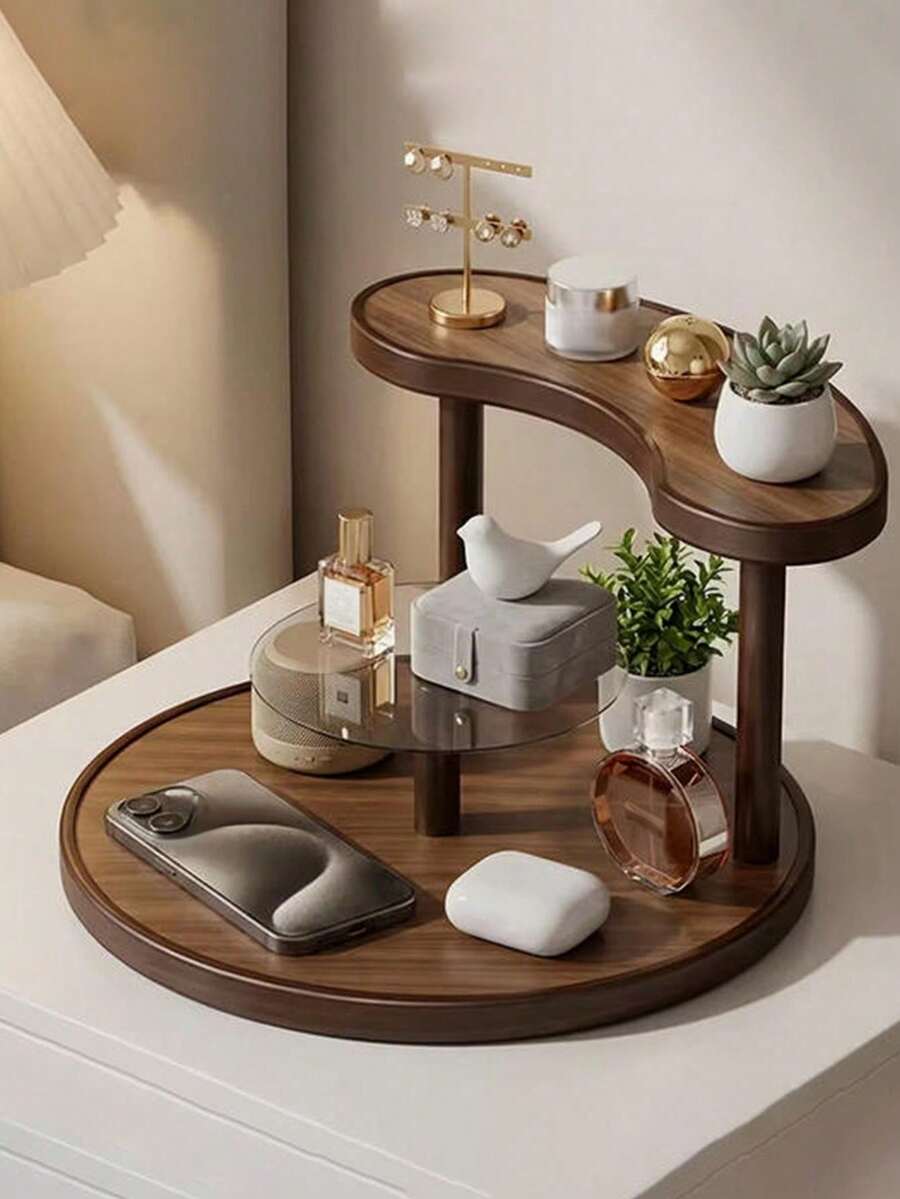 Vintage Solid Wood Vanity Skincare Storage Rack Multi-Tier Lipstick Perfume Cosmetics Organizer Suitable For Dining Table Countertops Teacups, Water Glasses, Coffee Mugs & Tea Sets Storage Home Double-Tier Shelf,Makeup Bag,Travel Essential - Walnut - View 1