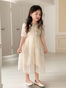 DAZY Young Girl Round Neck Lace Fashionable Chic Party Dress - Apricot - View 5