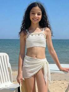 SHEIN Conjunto de 3 piezas de traje de baño para niñas con pañuelo de malla, diseño de moda y modesto, adecuado para la playa, la natación, las vacaciones y el verano - Beis - Ver 7