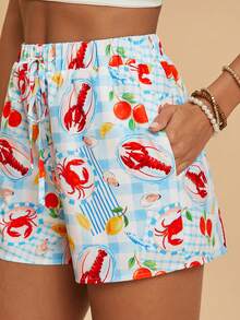 Travachic 女士腰带休闲度假龙虾印花短裤 - 藍色 - 查看 1