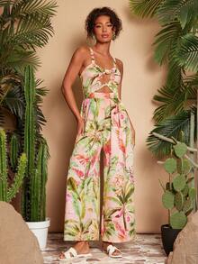 Travachic Women's Tropical Plant Print Casual Everyday Jumpsuit,Tropical,Bohemia,Werstern,Tropical Parrot Pattern,Suitable For Summer Vacation,Beach Outfits For Women - Multicolor - View 4