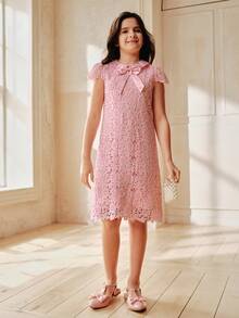 Anewsta Girls' Pink Butterfly Lace Short Sleeve Summer Dress, Spring/Summer - Baby Pink - View 5