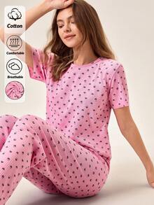 Bộ đồ mặc nhà thoải mái cho nữ, chất liệu cotton, họa tiết chữ trái tim, cổ tròn, áo tay ngắn và quần dài - Hồng - Xem 1