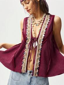 Bohemela Women's Summer Casual Boho Resort Country Style Western Music Festival Retro Knitted Washed Shell Ribbon Decorated Front Center Tie Divided Cardigan A-Line Loose Vest Top, Summer For Women, Party , Going Out Top For Women, Beach For Women , Holiday , Red Top - Purple - View 6