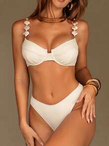 Swim SXY Women Solid Color Spaghetti Strap Modern Chain Shell Decor Adjustable Back Tie Triangle Bikini Swimwear Set - Beige - View 6