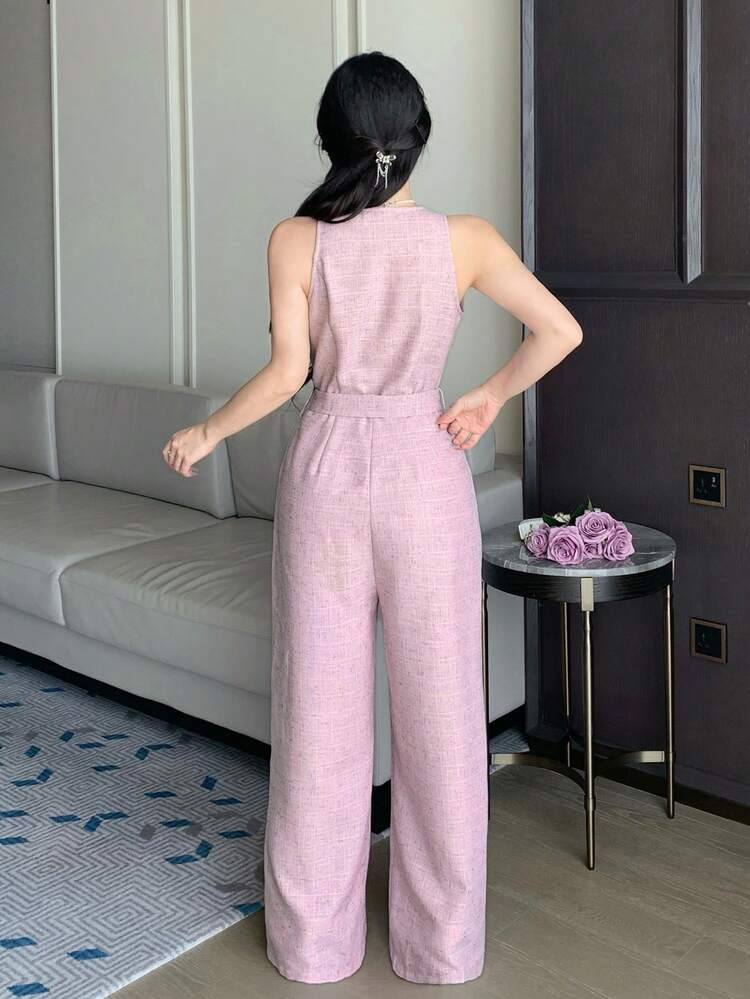 Women's Elegant Sleeveless Jumpsuit With Belt, Suitable For Commuting In Summer Romper