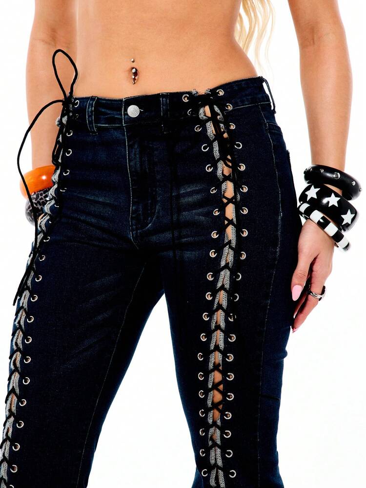 SUMWON WOMEN Women High Rise Dark Wash Flared Leg Lace Up Detail Denim Jeans With Metal Eyelets Boho Festival Fashion