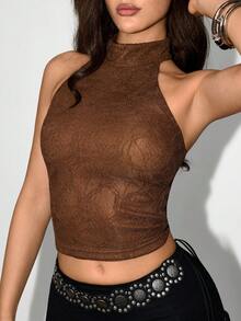 SHEIN ICON Women's Y2K Fashion Fitted Casual Halter Neck Top - Coffee Brown - View 6