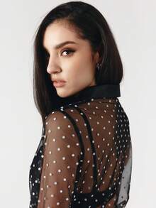 OverBlushhh Women's Black Sheer Polka Dot Blouse Long Sleeve Button Down Shirt Satin Collar Cuff Elegant See Trough Blouse Chic Office Work Date Night Party Top, Spring, Summer - Black - View 4