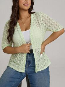 Comfylo 大码休闲纯色提花针织开衫，春夏款 - 淡黃色 - 查看 9