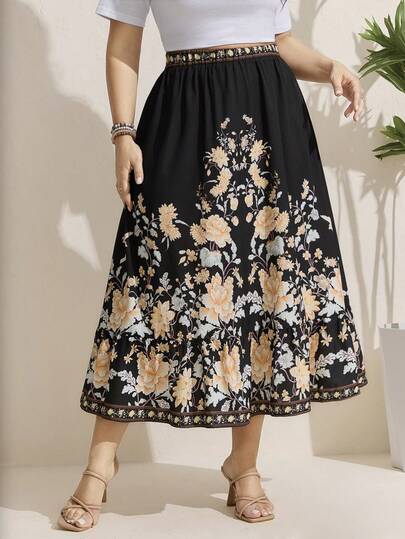 Comfylo SHEINLUNE Plus Size Women Floral Ruffle Hem Skirt, Valentine Gift, Love/Lover, Western Wear Women, Boho, Hippie, Cowgirl, Bohemian, Festival, Summer For Women, Spring Breaks, Modesty Women Summer Boho Old Money