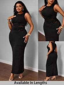 SHEIN Tall CURVE 大码女士优雅派对/约会纯色拼接透视蕾丝荷叶边扭结修身无袖连衣裙 - 黑色 - 查看 1