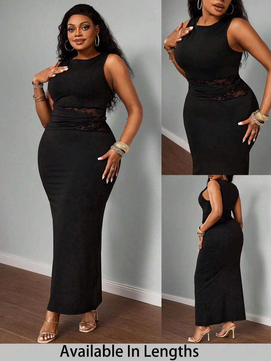 SHEIN Tall CURVE 大码女士优雅派对/约会纯色拼接透视蕾丝荷叶边扭结修身无袖连衣裙 - 黑色 - 查看 1