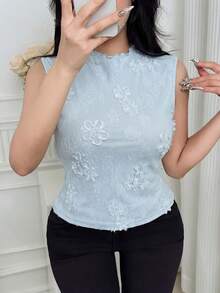 Feyla Áo tank top nữ thanh lịch cổ đứng thêu họa tiết, kiểu dáng ôm sát, thích hợp cho kỳ nghỉ hè. - Màu xanh lam - Xem 4